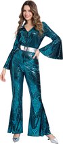 Joya Party® Disco Jumpsuit Dames | Metallic Blauwe ABBA Jaren 70 Outfit met Zilveren Riem | Disco Pak Vrouwen Super Trooper Stijl | Verkleedpak Vrouw | Verkleed Pak Vrouwen | Carnaval & Themafeest | Maat S/M