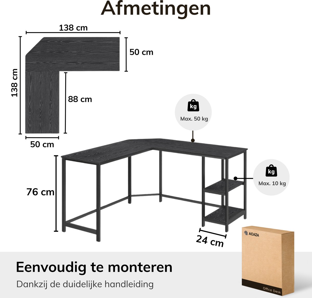 ACAZA ACAZA Bureau - Hoekbureau - Zwart - 138 x 50 x 76 - afbeelding 2
