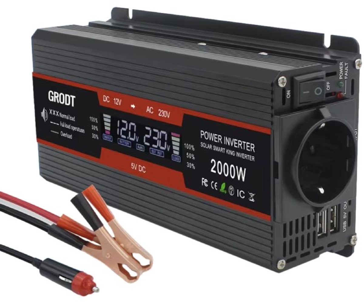 2000W Omvormer Auto 12V naar 230V / 220V Stopcontact + USB - Voor Auto, Caravan, Boot & Motor | Gemodificeerde sinusomvormer | 12v transformator | Stroomomvormer