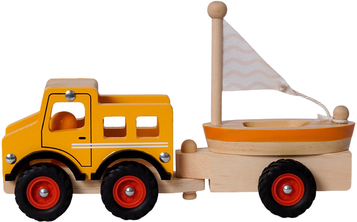 Speelgoedtopdeals - Houten Truck met Trailer en Boot - Speelgoedauto voor kinderen - Rubberen wielen