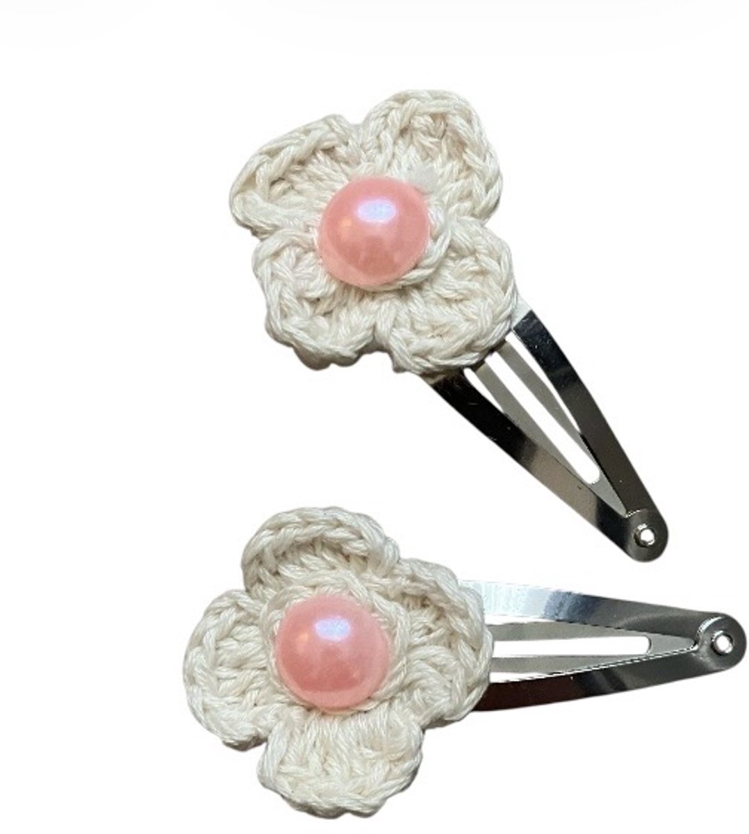 Luna-Leena duurzame bloemen haarspeldjes met parel (set) - L5cm - gebroken wit en roze - bio katoen - klik klak speld zilverkleurig - handgemaakt in Nepal - flower hair clips - haar accessoires - cadeau - feestje - verjaardag - haar sieraad