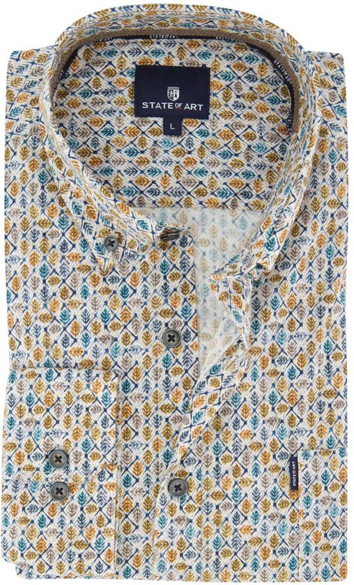 Gevouwen overhemd met 'State of Art' label, wit met een print van bruine, groene en blauwe bladeren in ruiten.