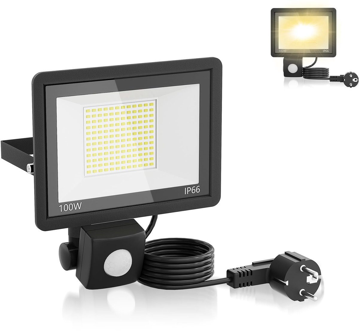 Aufun LED Schijnwerper Warm wit met Bewegingssensor en stekker – 100W 3500LM 3200K IP66 voor Tuin/Terras/Garage