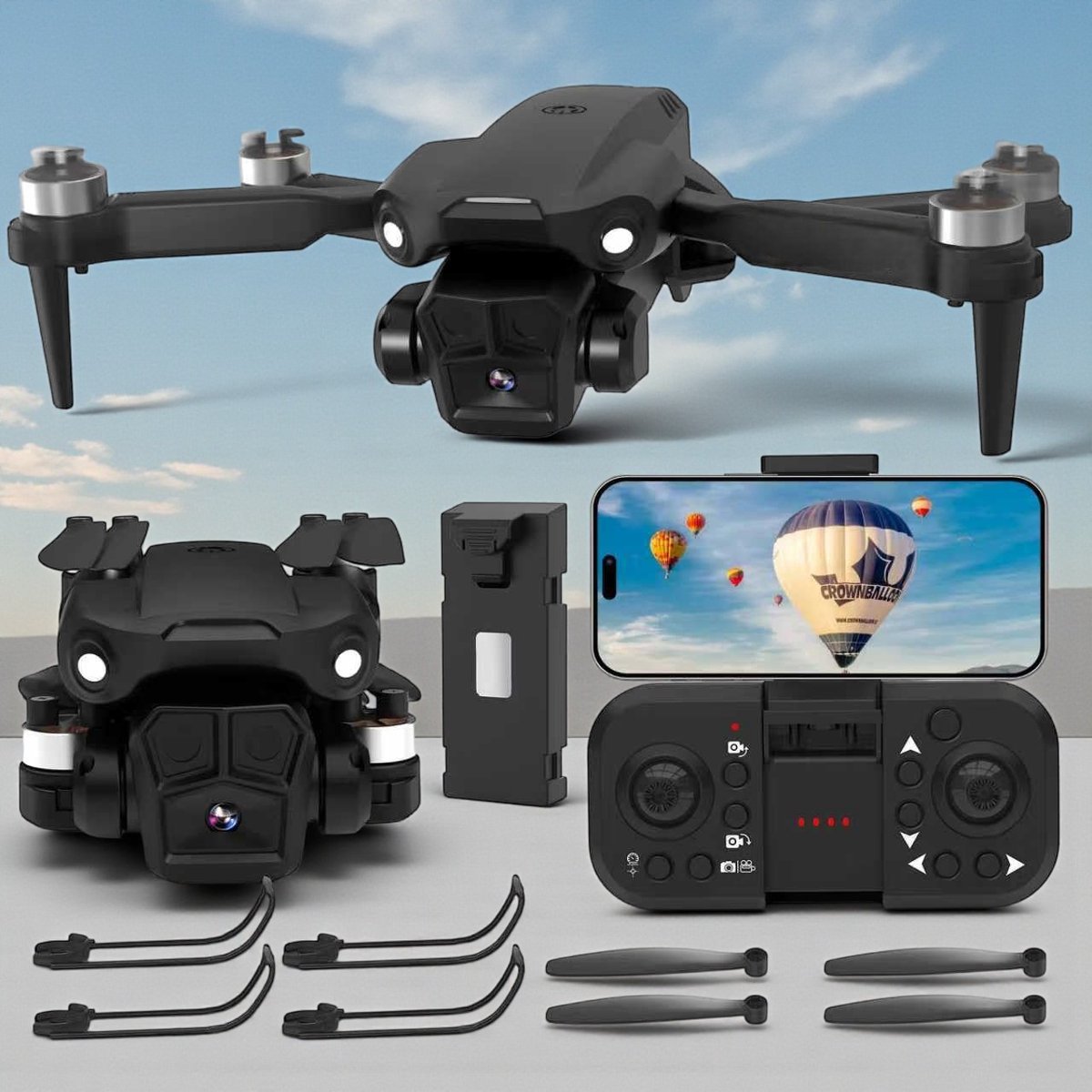 Egoods Drone - Drone met Camera 1080P – Borstelloze Motor – Opvouwbare Quadcopter – 90° Elektrisch Verstelbare Camera – Windbestendig Niveau 3 – App-Bediening – Voor Beginners & Volwassenen