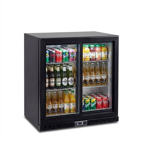 HCB® - Professionele Horeca Barkoelkast - Zuinige glasdeur koelkast met glazen schuifdeur - 218 liter - Koeling met glazen deur - Flessenkoelkast - Drankenkoelkast klein - Bier koelkast - 52x90x84 cm (DxBxH) - 70 kg - Frigo - 7938