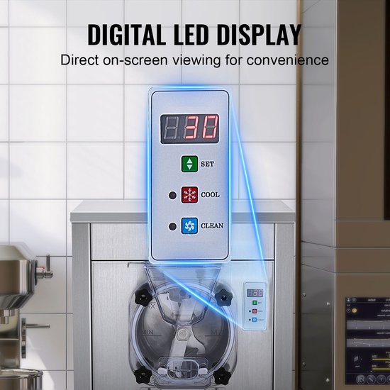 Commerciële ijsmachine, 18L/H output, enkele smaak, met wielen, 6L roestvrijstalen cilinder, LED-bediening, automatische voorkoeling en reiniging, ideaal voor restaurants en snackbars van Merkloos — afbeelding 3