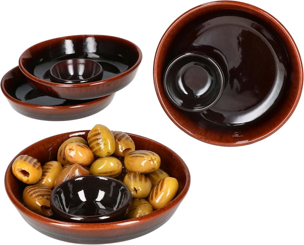 Set van 4 Donkerbruine Tapasschalen met Kernbakje voor Olijven en Aperitiefjes