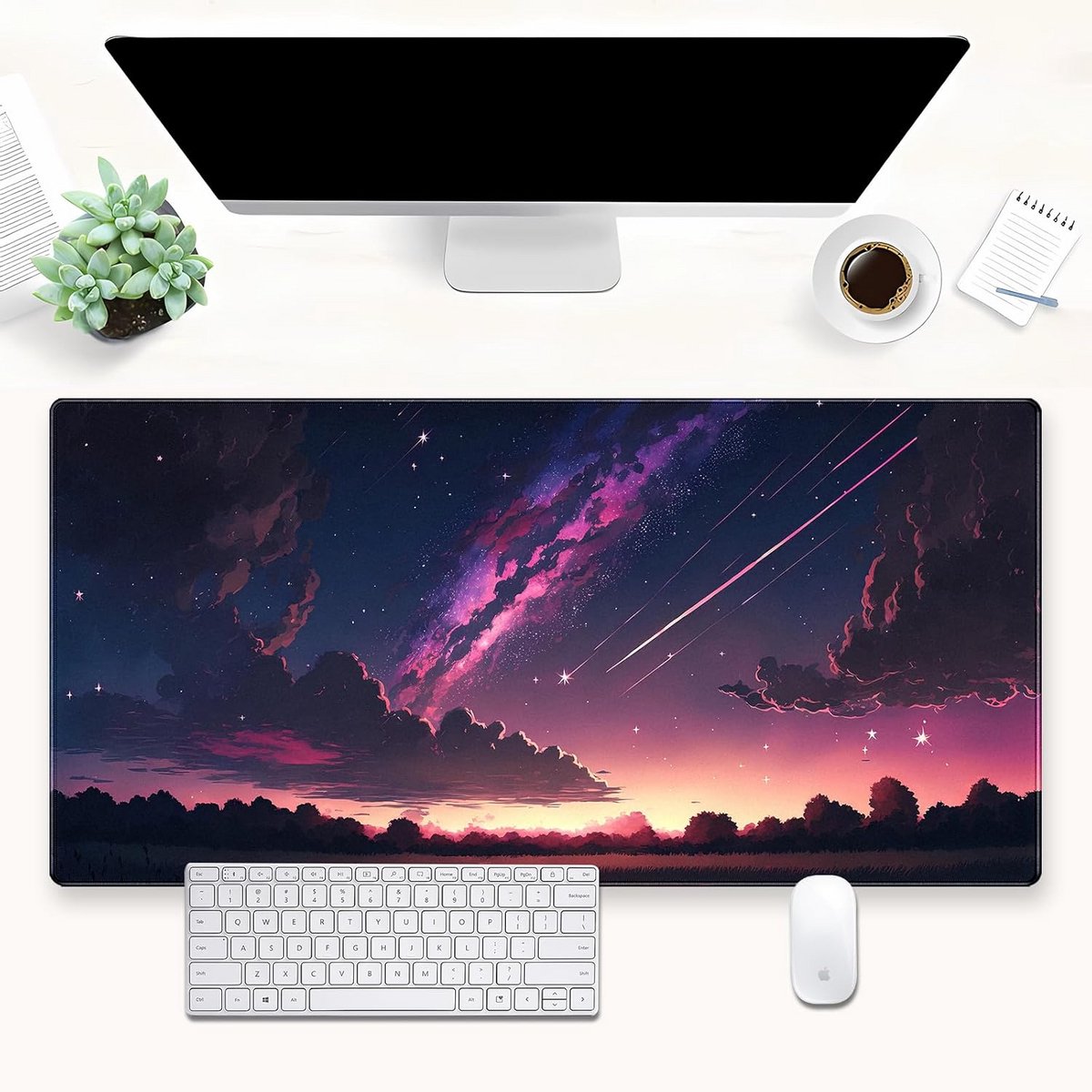 XXL Gaming Mouse Pad Sterrenhemel Paars 90x30cm - Antislip Bureaumat met Gestikte Randen