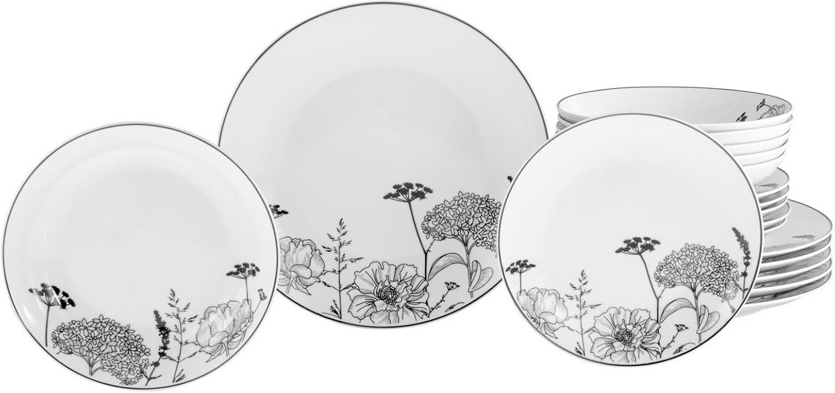 18-delige Porseleinen Servieset voor 6 Personen - Zwart Bloemenpatroon - Vaatwasser & Magnetronbestendig
