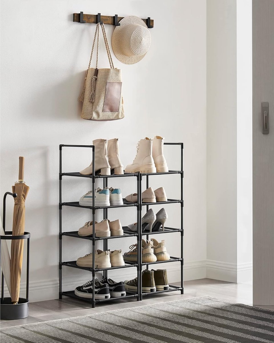 Candala Schoenenrek, 10 niveaus, schoenenrek, schoenenopberger, smal, 33 x 33 x 173 cm, metalen frame, planken van vliesstof, voor hal, slaapkamer, zwart LSR110B02