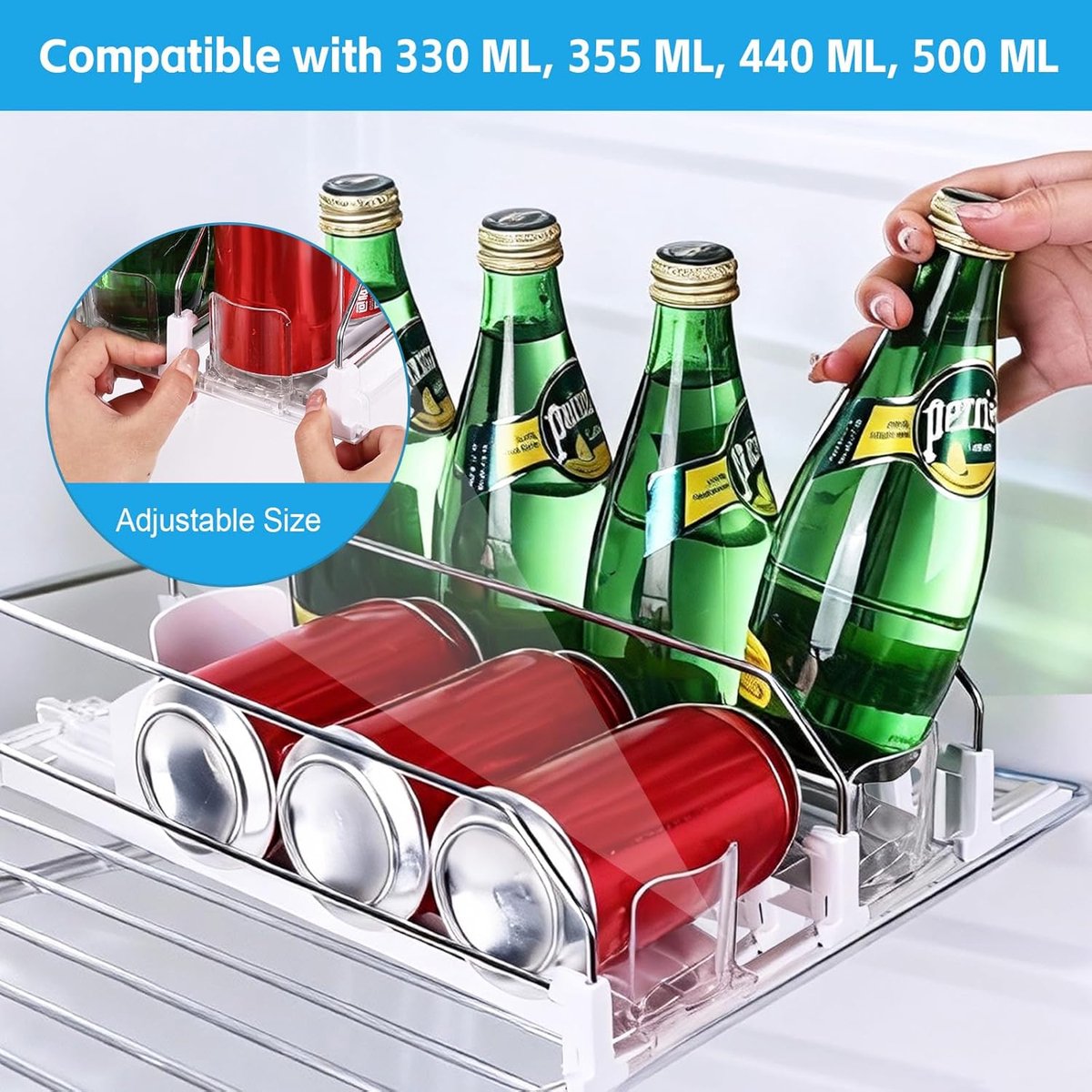 Candala Koelkastorganizer, drankjes, automatische koelkast-blikjesdispenser, organizer, blikjes, drankjes, zelfschuivend voor keuken, supermarkten, 12 blikjes, 3 rijen, 31 x 25 cm