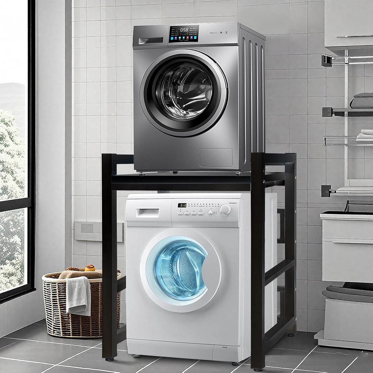 Wasmachinekast met Plank - 3-laags Verstelbaar Opbergrek voor Badkamer en Wasruimte