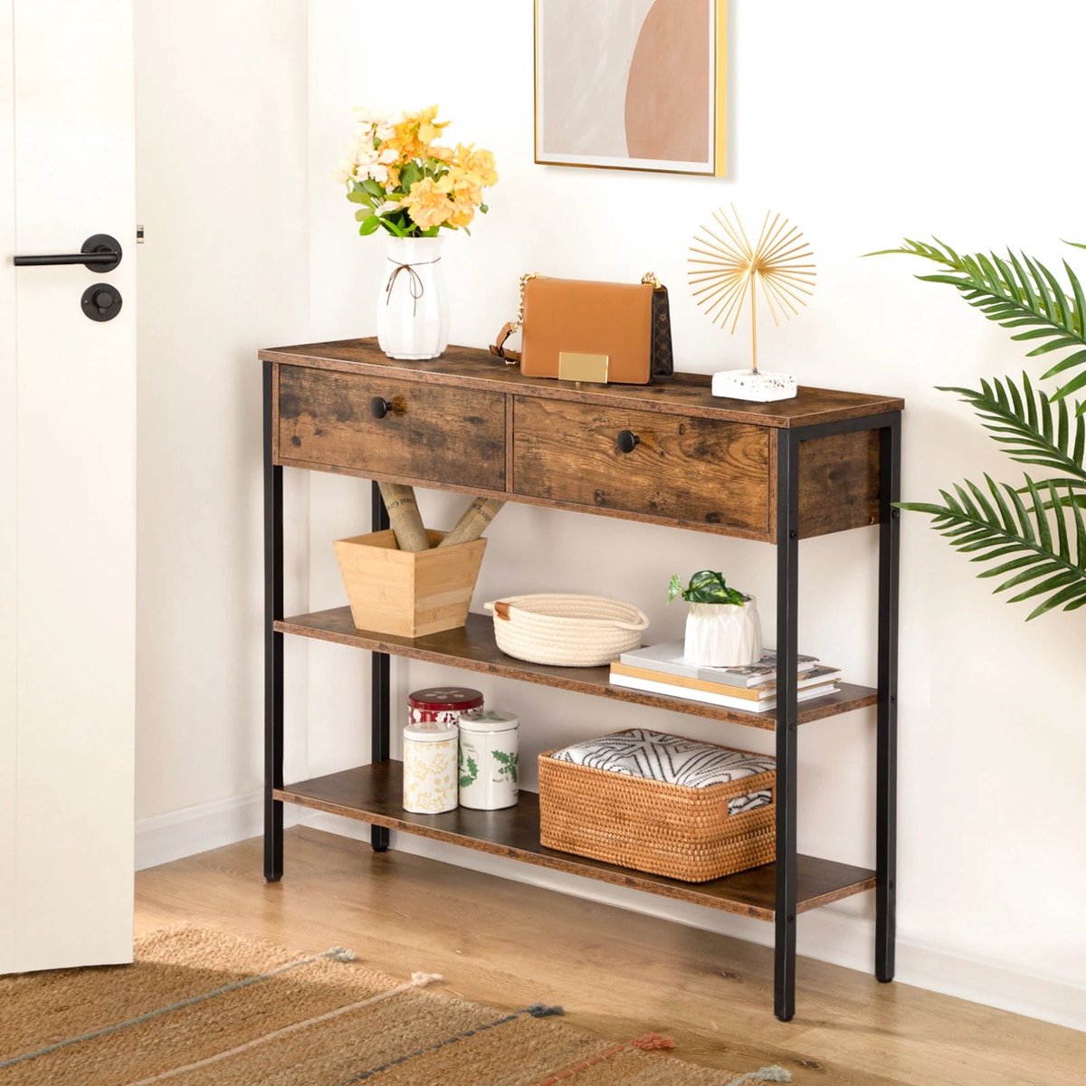 COSTWAY Table Console Table d'Entree Style Industriel 100 x 30 x 80 CM avec 1 Étagère de Rangement pour Salon, Entrée ,Couloir Noir - Maison