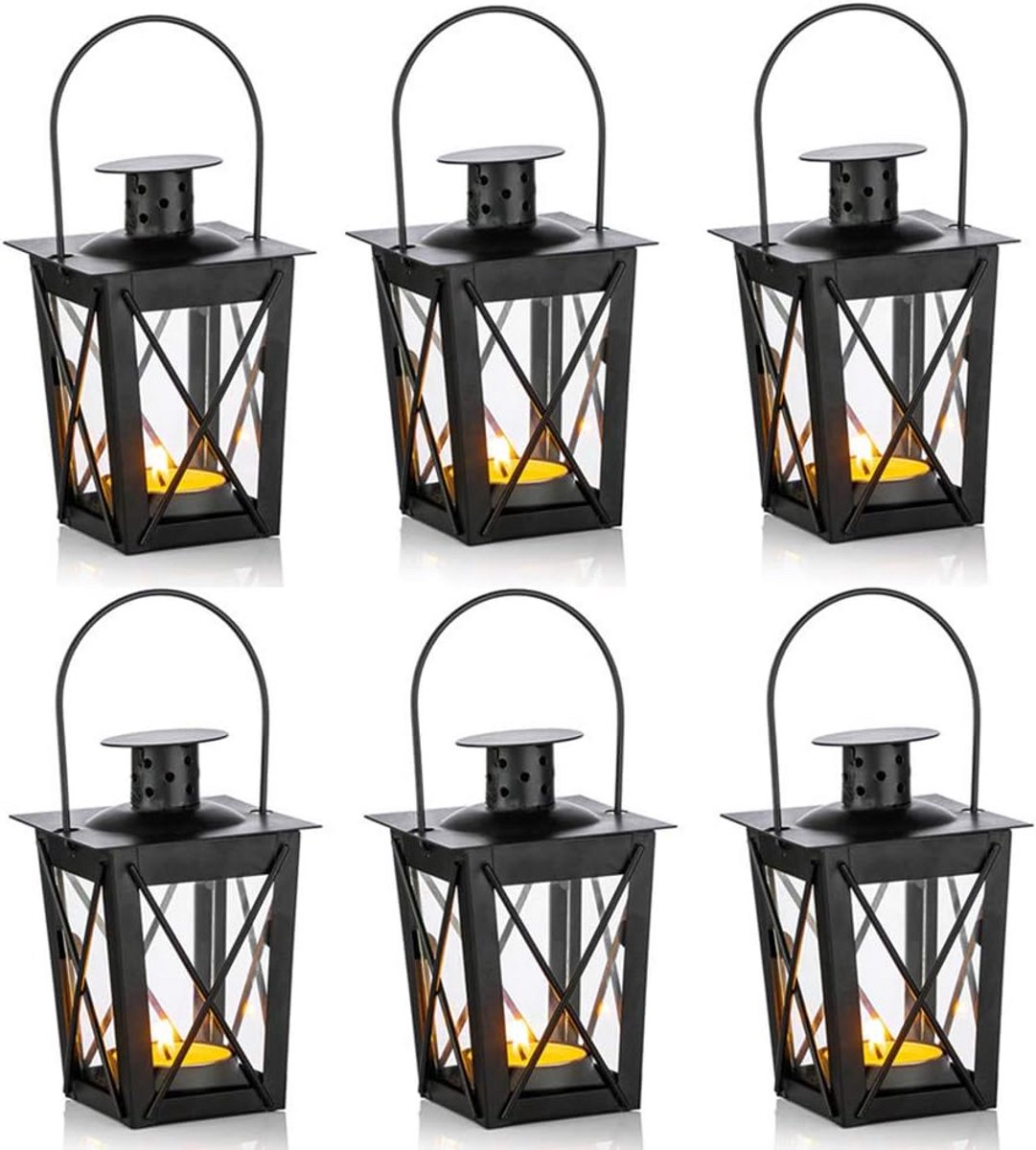 6x Vintage Zwarte Metalen Mini Lantaarns voor Theelichtjes en Kaarsen - Decoratief voor Feest, Tuin en Tafel