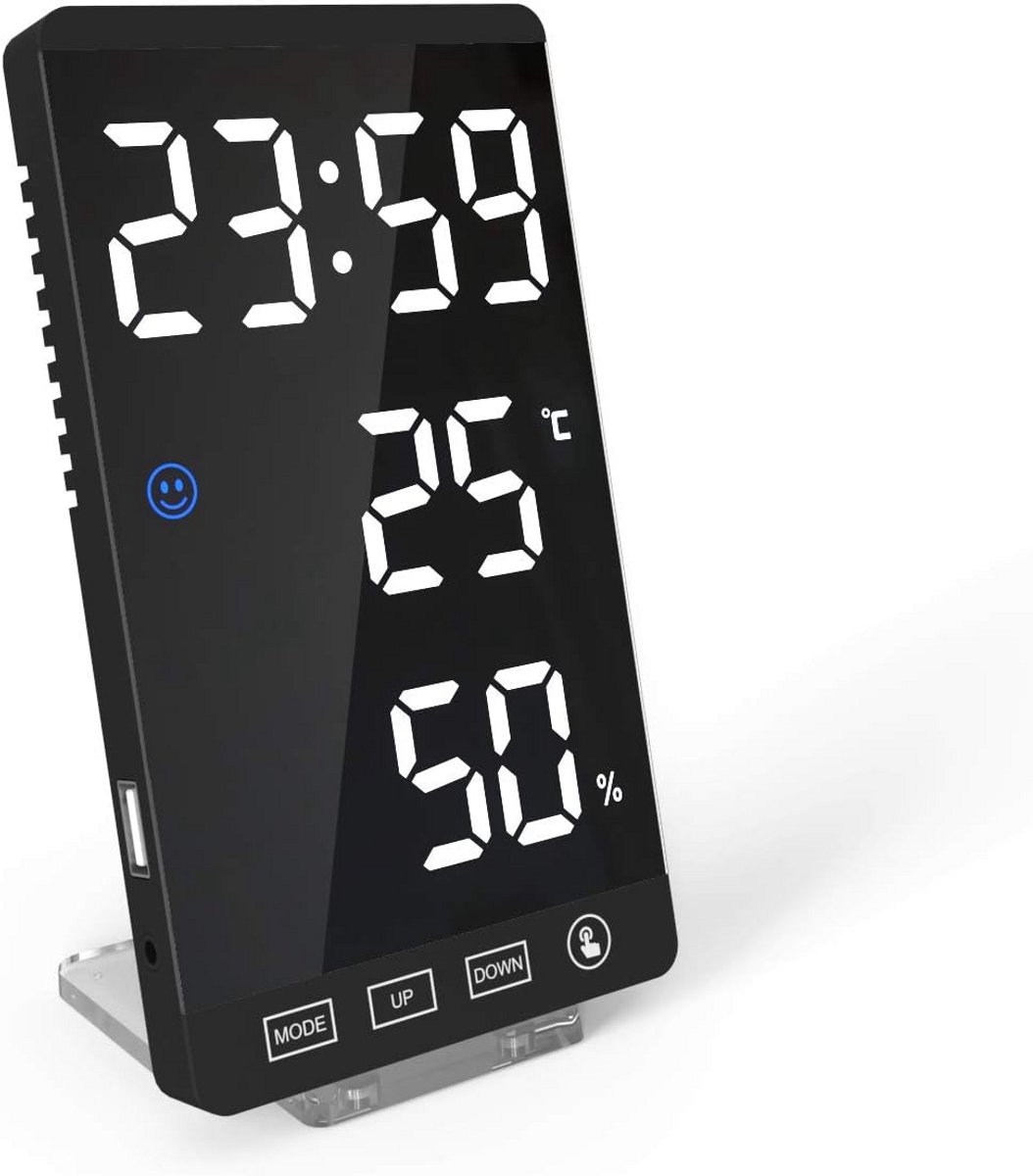 LED Spiegelwekker met Oplader, Digitale Klok met Weergave Temperatuur en Luchtvochtigheid