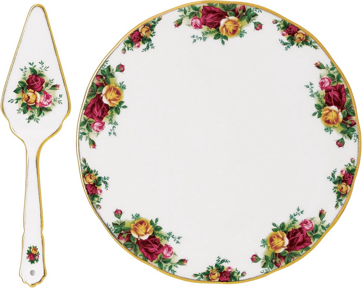 Luxe Taartplateau met Gebakschuiver, Wit Bone China met Rozenpatroon