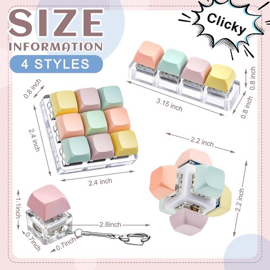 Macaronkleurige toetsenkapjes in sets van 1, 4, 6 en 9, bevestigd aan sleutelhangers en displays.