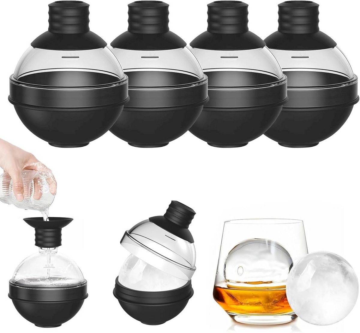 Set van 4 Grote Ronde Siliconen IJsblokjesvormen - 6 cm Diameter met Schepdeksel