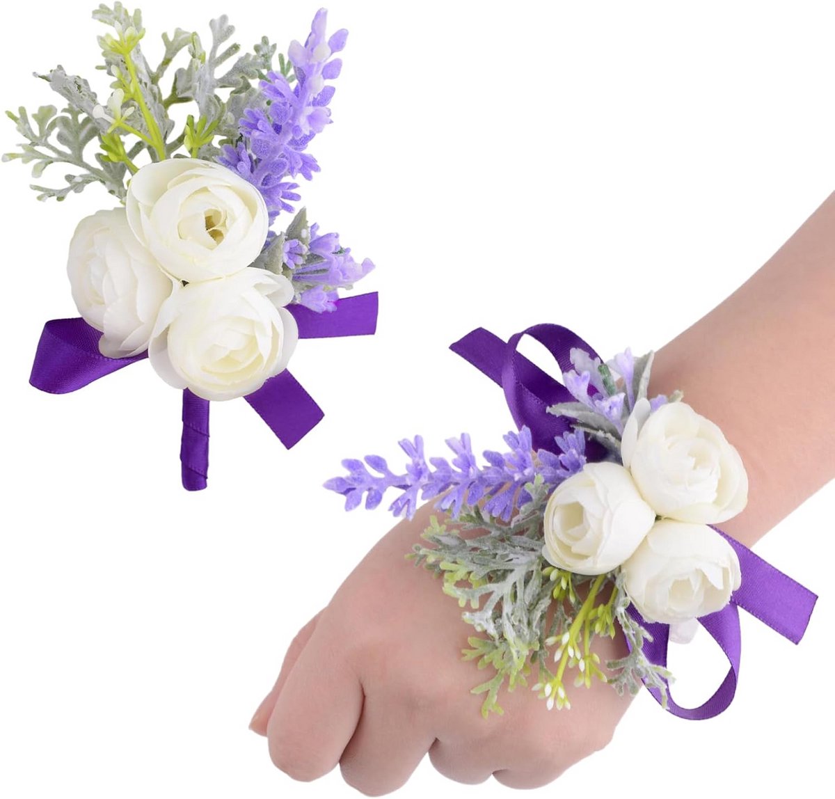 Set van 2 Pols Corsage en Boutonnière Bruiloft - Kunstbloemen Paar Set Paars