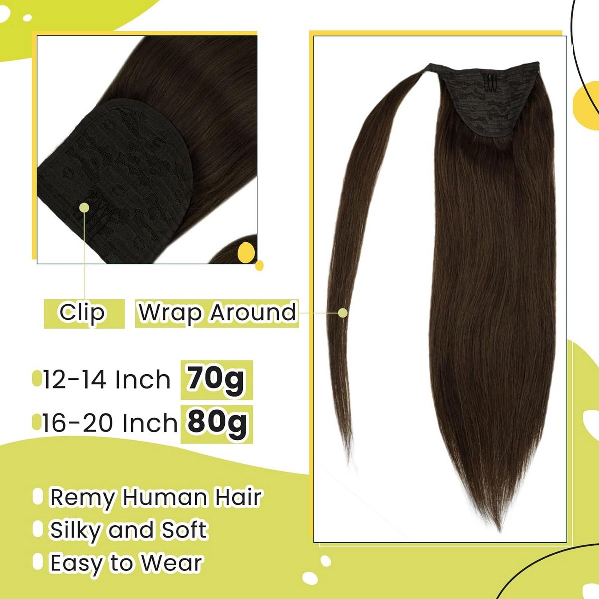 Echte Haar Clip-in Paardenstaart Verlenging 40 cm Bruin Glad Volume Haarstuk
