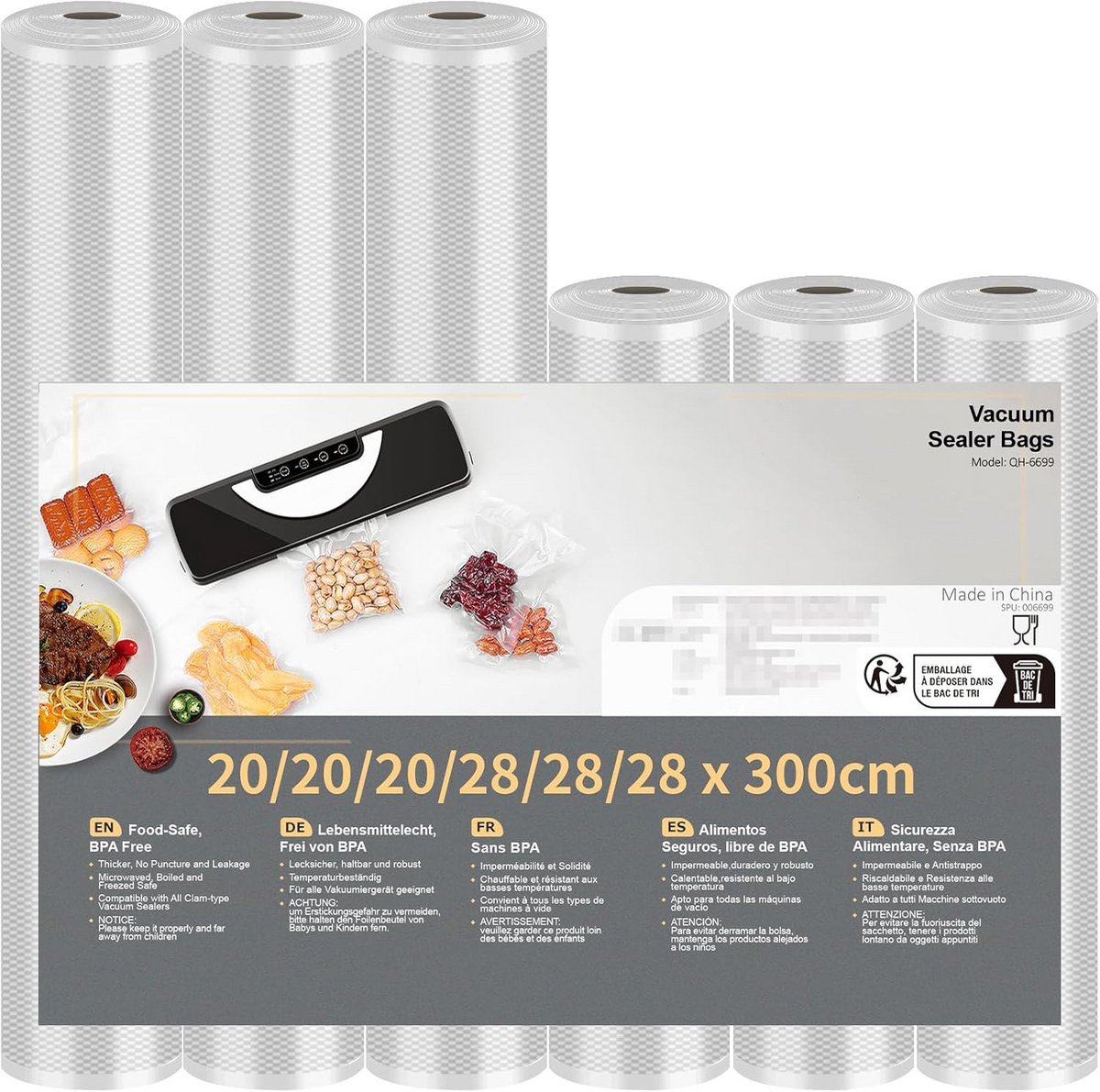Vacuümzakken Set (6 Rollen) voor Voedsel bewaren en Sous Vide Koken - BPA-vrij