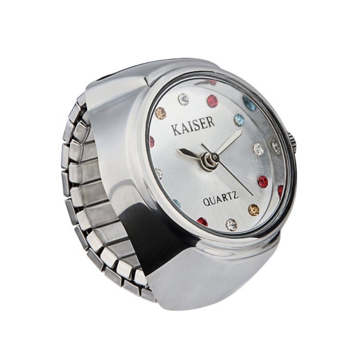 Ringhorloge Vinger Horloge Ring - Zilver met Veelkleurige Steentjes - One Size Fits All Rekband - Kaiser Quartz - 22mm