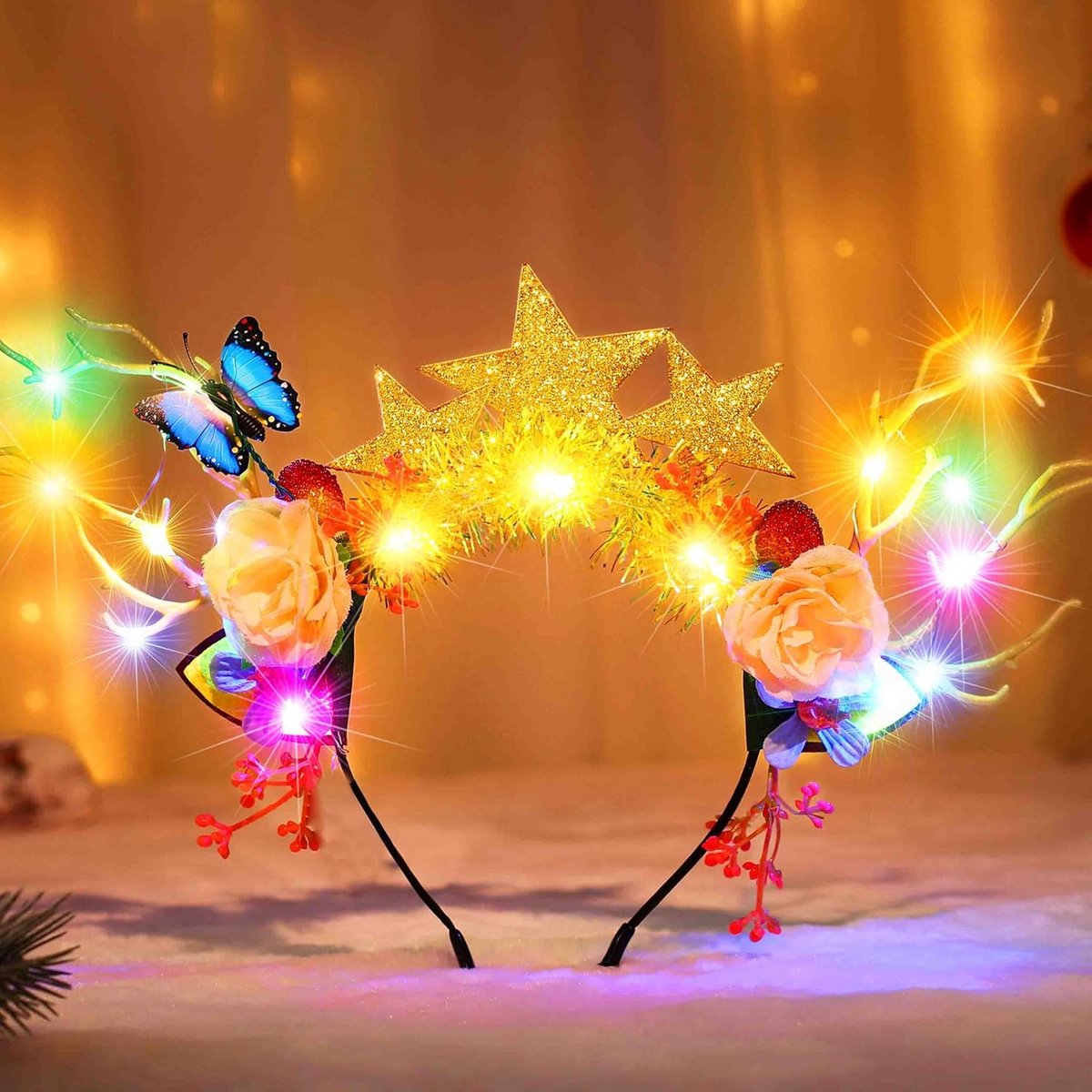 Lichtgevende Feest Hoofdband met Sterren, Bloemen of Rendiergewei - LED Haaraccessoire