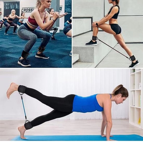 6-delige enkelweerstandsbandenset - Fitness enkelband met 2 haken voor been- en bilspiertraining - Drie banden in groen, blauw en zwart (inclusief een paar zwarte voethoezen met zilveren gespen) - Zwart van Merkloos — afbeelding 2