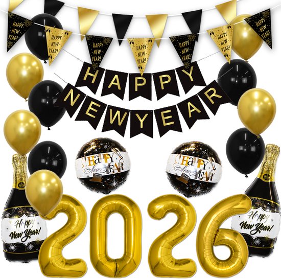 Q2P - 2026 Pakket - Zwart & Goud - Oud en Nieuw - Feest Decoratie - Happy New Year Versiering