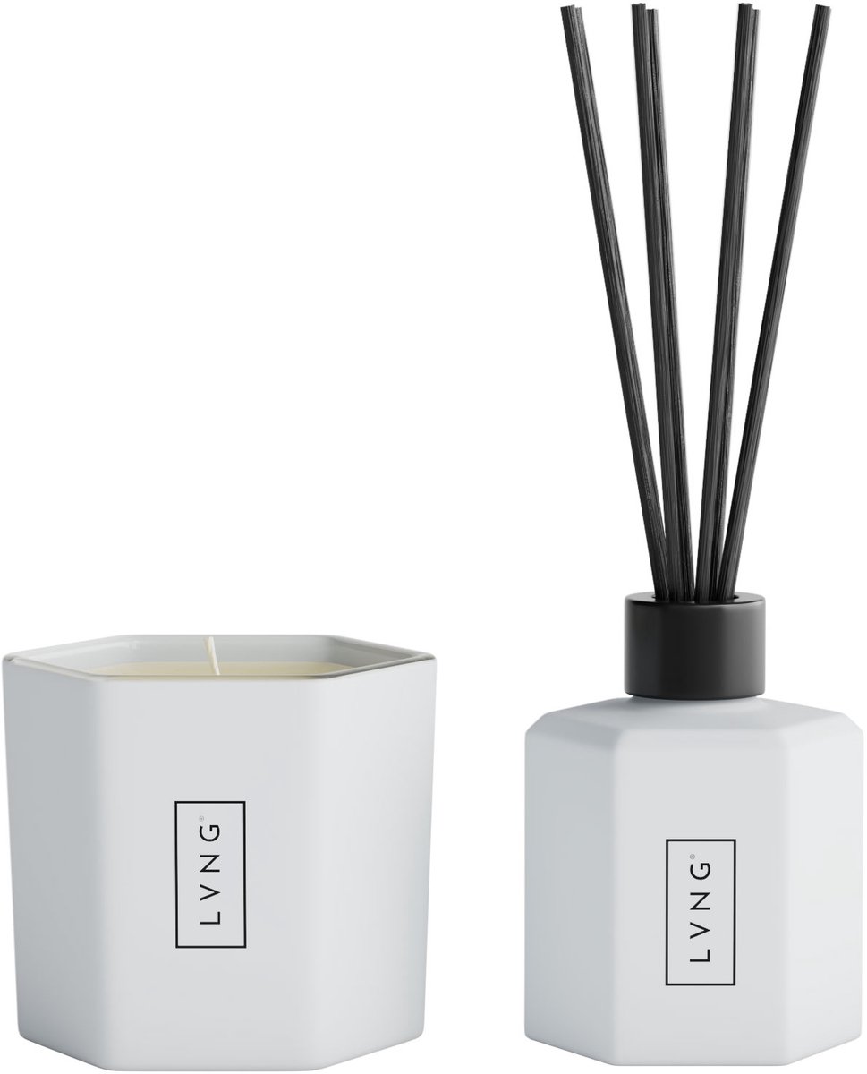 Geschenkset - Geurkaars & Geurstokjes - Cadeauset - Giftset - Huisparfum Stockholm - Giftset | LVNG Hout & Citrus, Licht & Puur