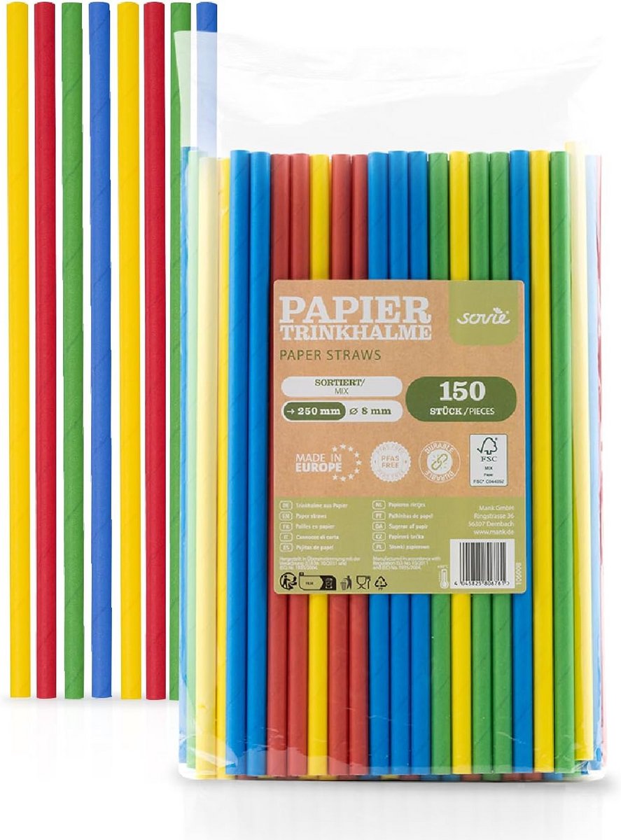 Stevige Papieren Rietjes 150 Stuks - Biologisch Afbreekbaar en FSC Gecertificeerd