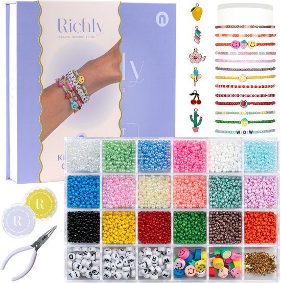 Richly® Kralen Set Creative Kit - gratis instructie E-BOOK - Sieraden Maken - Kralenketting Telefoon Meisjes & Dames - Kralendoos - Armbandjes Maken met Kraaltjes - incl. Unieke Bedels, Parels, Smiley & Polymeer Kralen