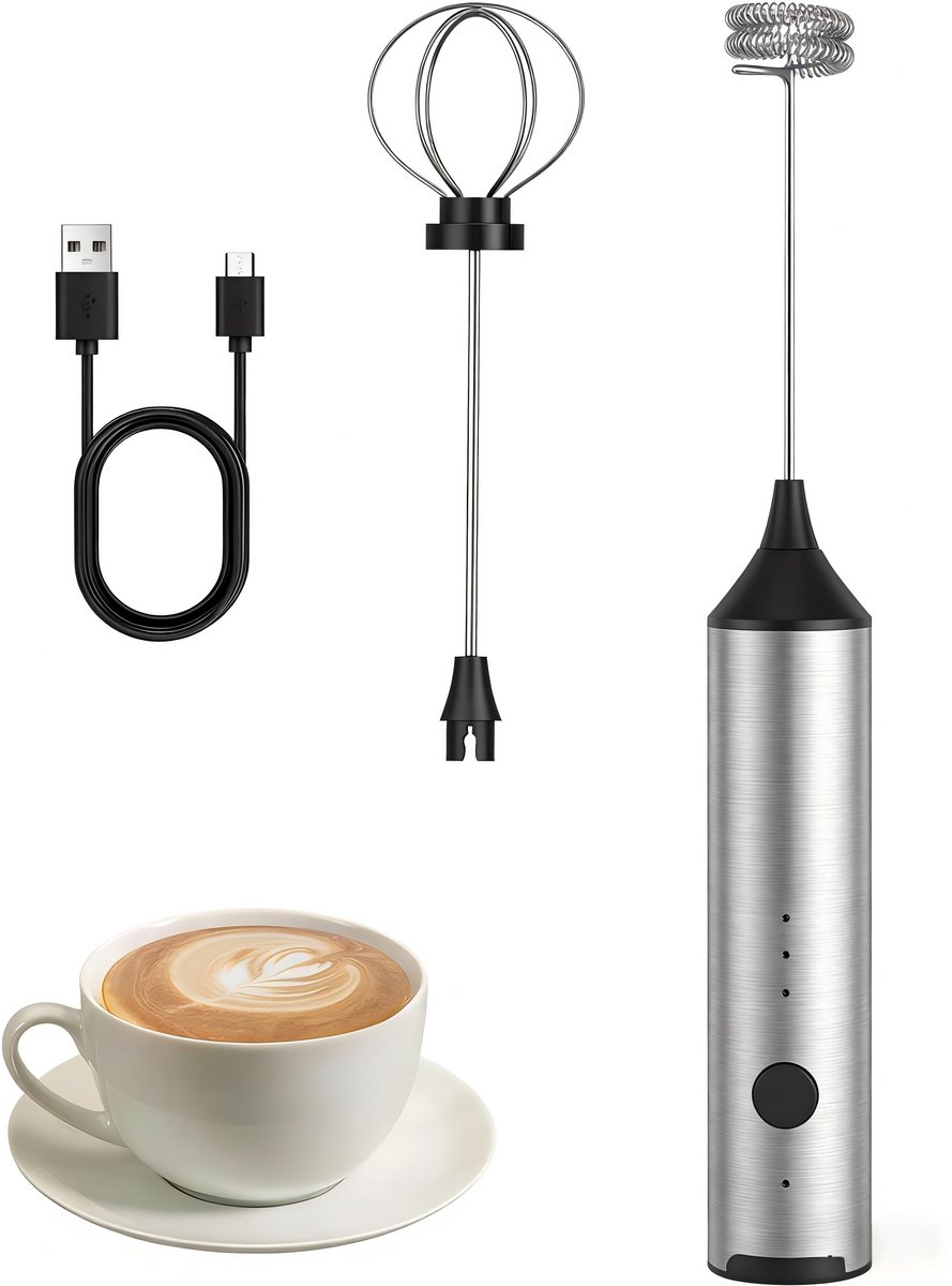 Melkklopper - Lektrische Melkopschuimer - Melk Opschuimer Handmatig - Oplaadbare Koffiegarde Met Dubbellaags Schuimkop - Met 3 Snelheden - 2 Detachable Stainless Steel Whisks - Voor Latte, Cappuccino, Warme Chocolademelk, Matcha, Zilver