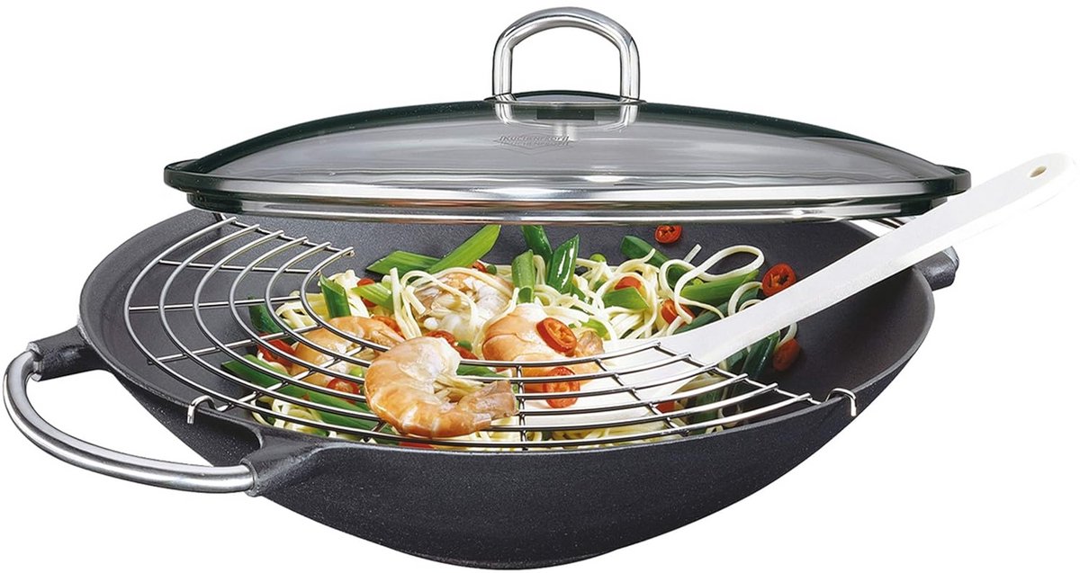 Wok Set 36 cm, Gietijzer Geëmailleerd met Glazen Deksel, Handgrepen en Houten Spatel - Geschikt voor alle Warmtebronnen inclusief Inductie