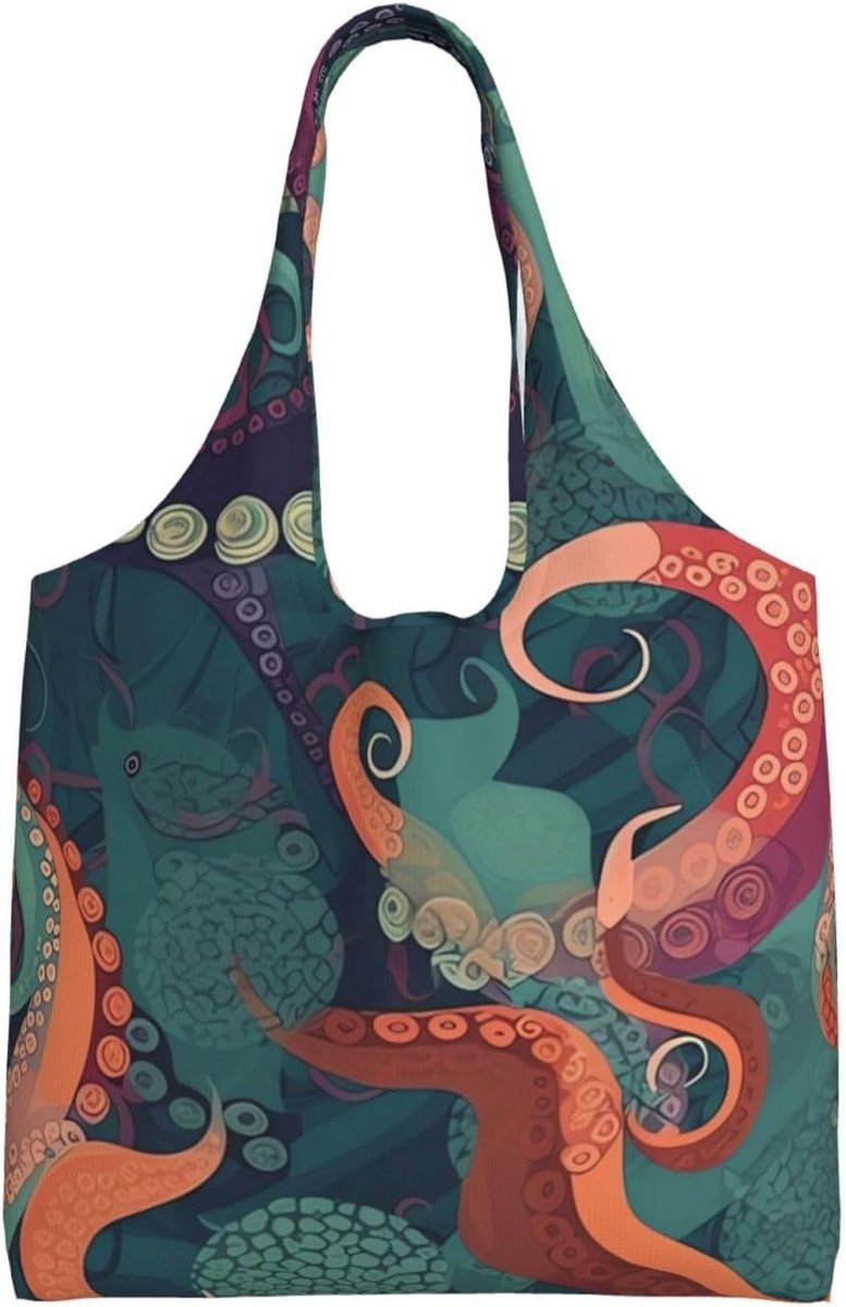 Abstract Octopus Print Tote Bag - Zwarte Canvas Draagtassen voor Dagelijks Gebruik