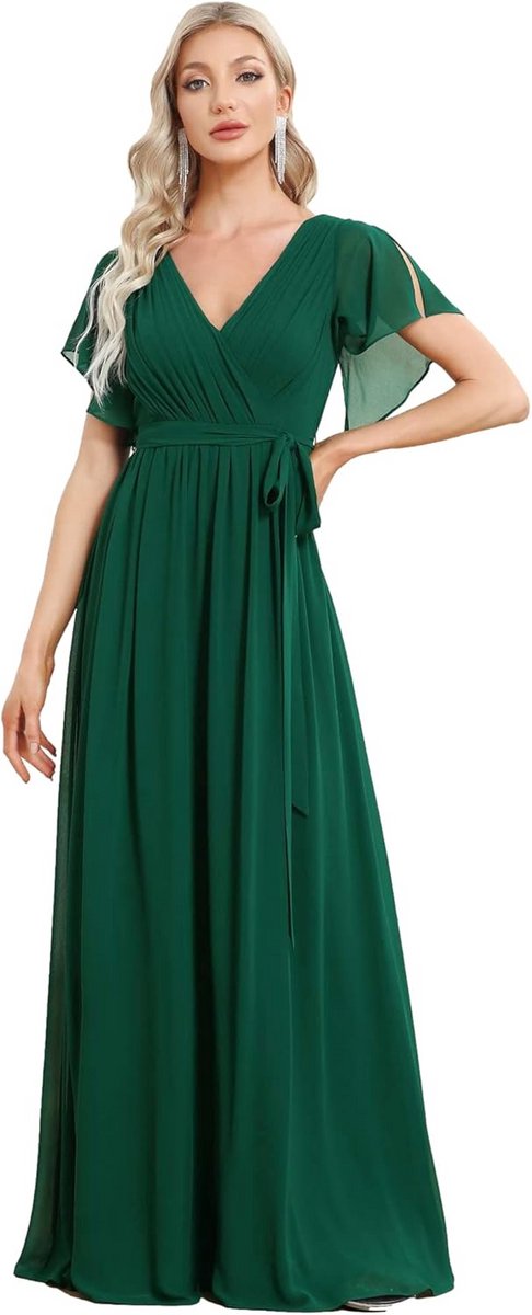 Lange chiffon jurk met v-hals en korte mouwen