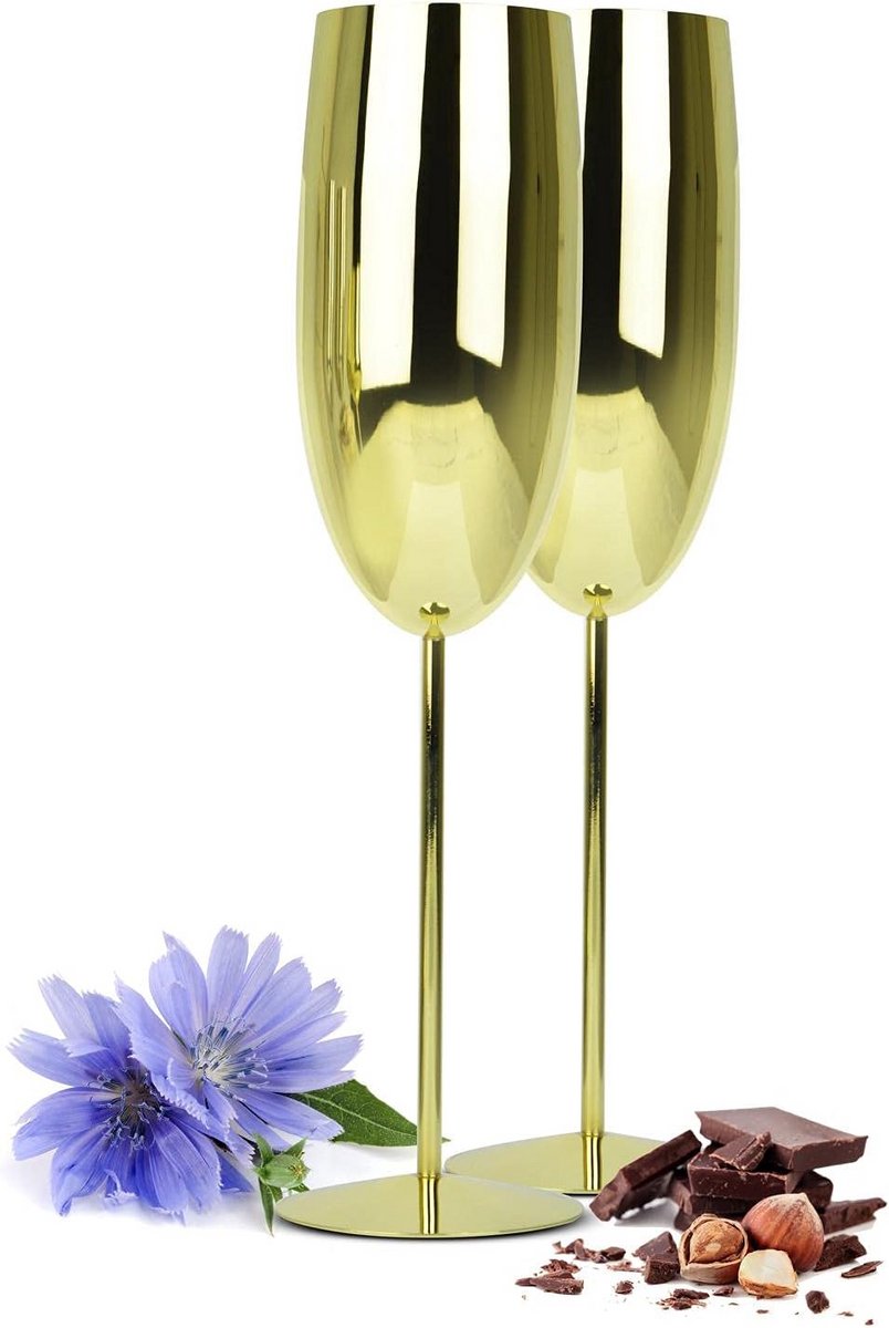 Set van 2 Luxe Onbreekbare Champagneglazen Roestvrij Staal Goud 270 ml