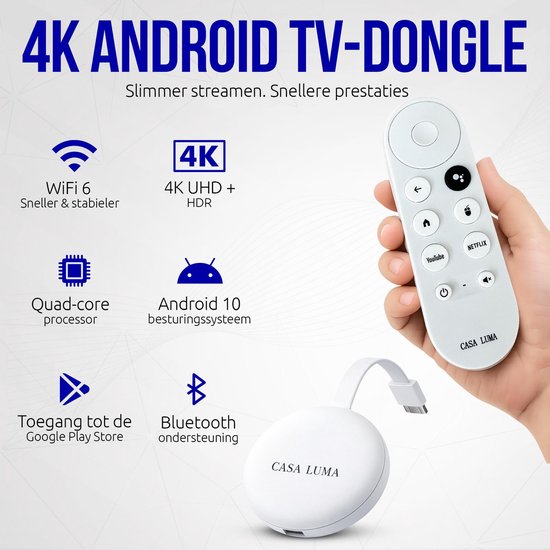 Witte CASA LUMA 4K Android TV-dongle met afstandsbediening, WiFi 6, 4K UHD+HDR, Quad-core processor, Android 10, Google Play Store en Bluetooth.