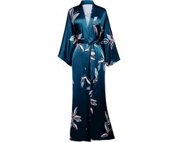 Lange Satijnen Kimono Jurk voor Dames - Luchtige Zomer Badjas met Bladerpatroon