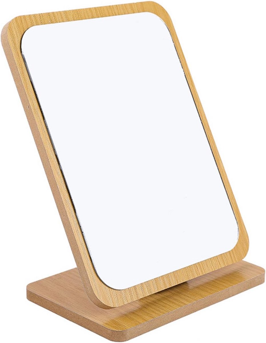 Compacte Rechthoekige Tafelspiegel met Houten Frame en 90 Graden Rotatie