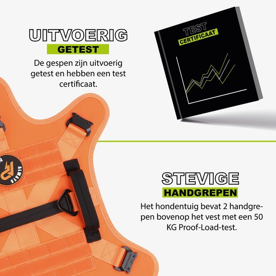 Detail van een oranje hondentuig met stevige handgrepen en een testcertificaat.
