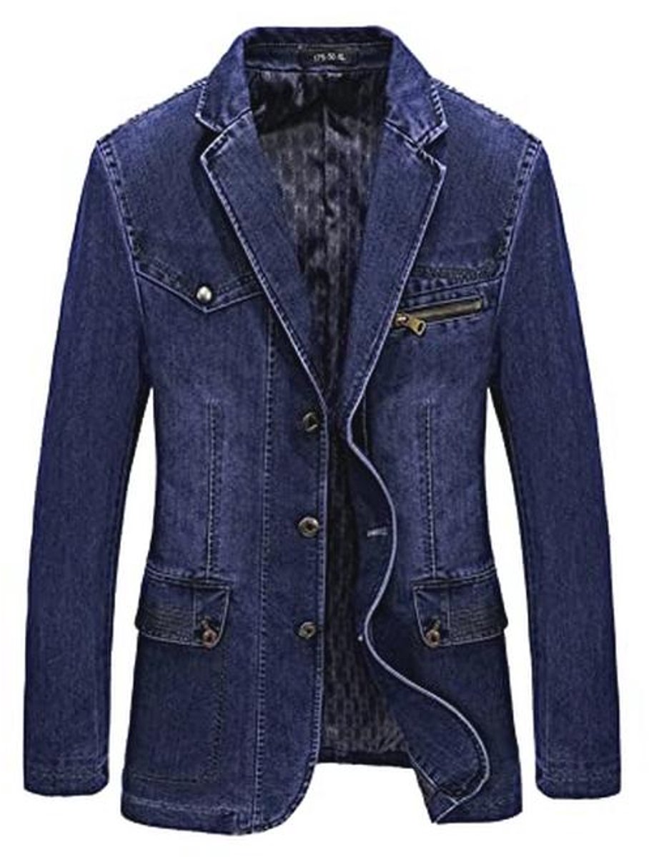Slim Fit Heren Denim Blazer Casual Lange Mouw Katoen Jas