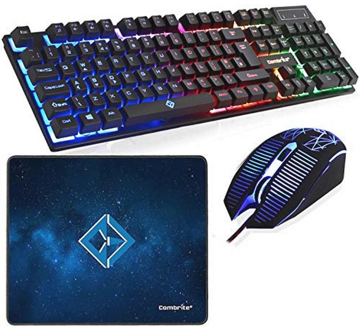 Gaming Toetsenbord en Muis Set met Gloeiende Regenboog LED en Grote Muismat - USB Bedraad Desktop Combo voor PC en Laptop