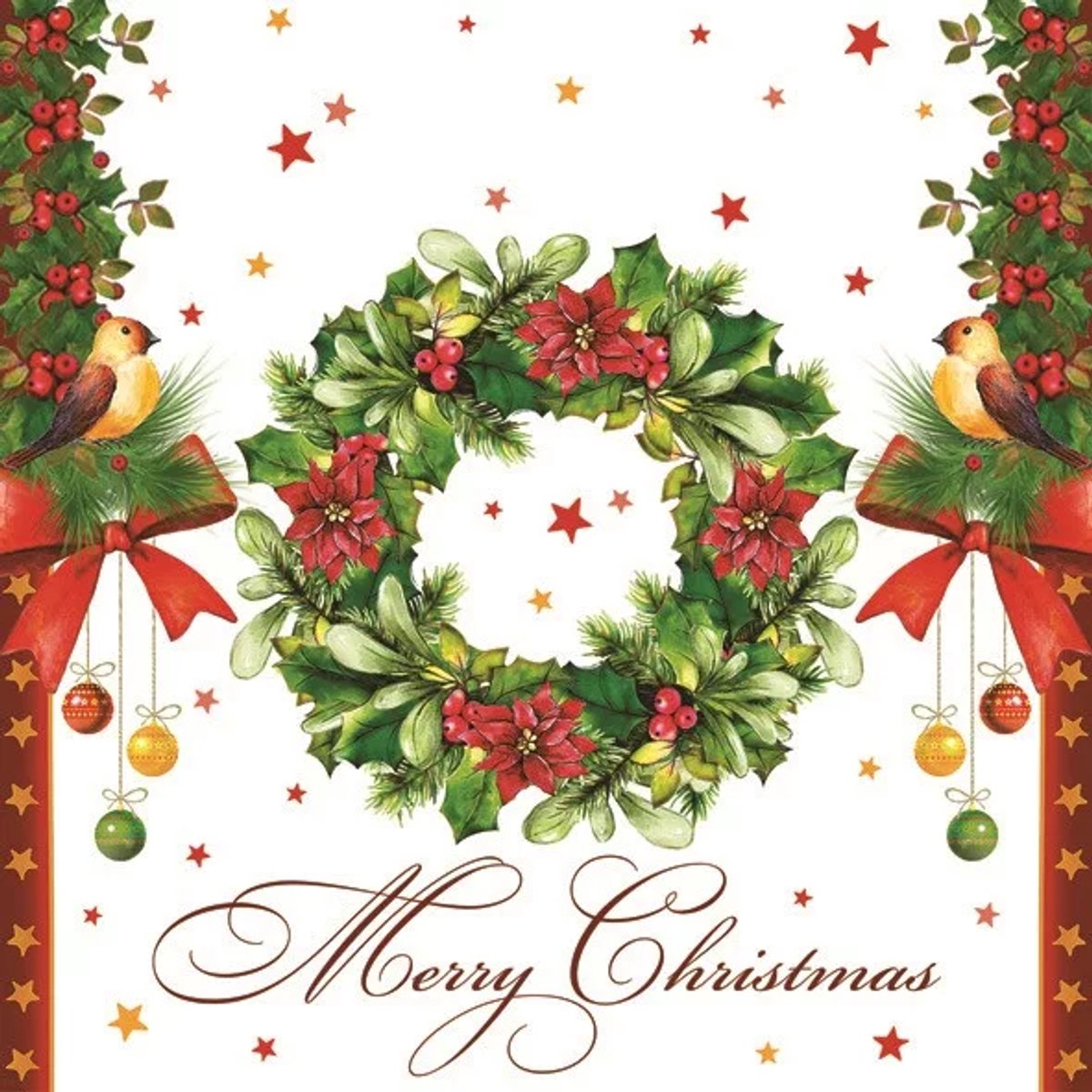 40 Kerstmis Kerst Servetten - Kerstkrans - Kerstballen - Sterren - Strik - Vogel - Merry Christmas - Wit - Rood - Groen - 33 x 33 cm - 3-Laags - Daisy