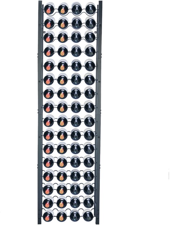 Zwart metalen wijnrek met 64 flessen, 45x20x160cm.