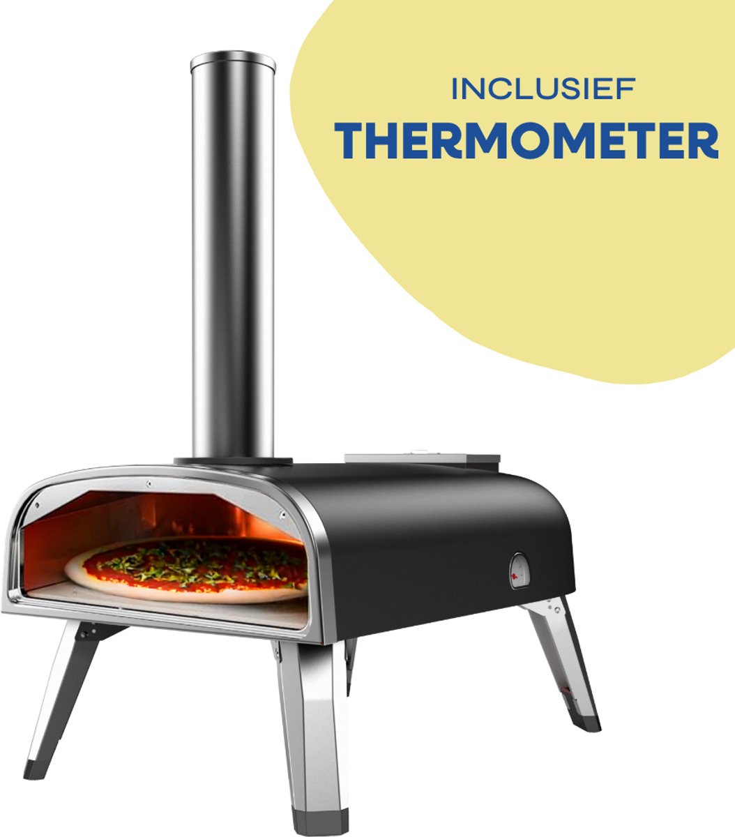 LIVIN' Pizzaoven - Pizzaovens voor buiten - 12 Inch Pizzaoven - Pellet Pizza oven - Duurzaam - Pizzaoven voor buiten - Pizza Oven Houtgestookte - Pizza Oven Tuin - Inclusief Thermometer - Draagbaar - 55*36*27 CM - RVS - Zwart