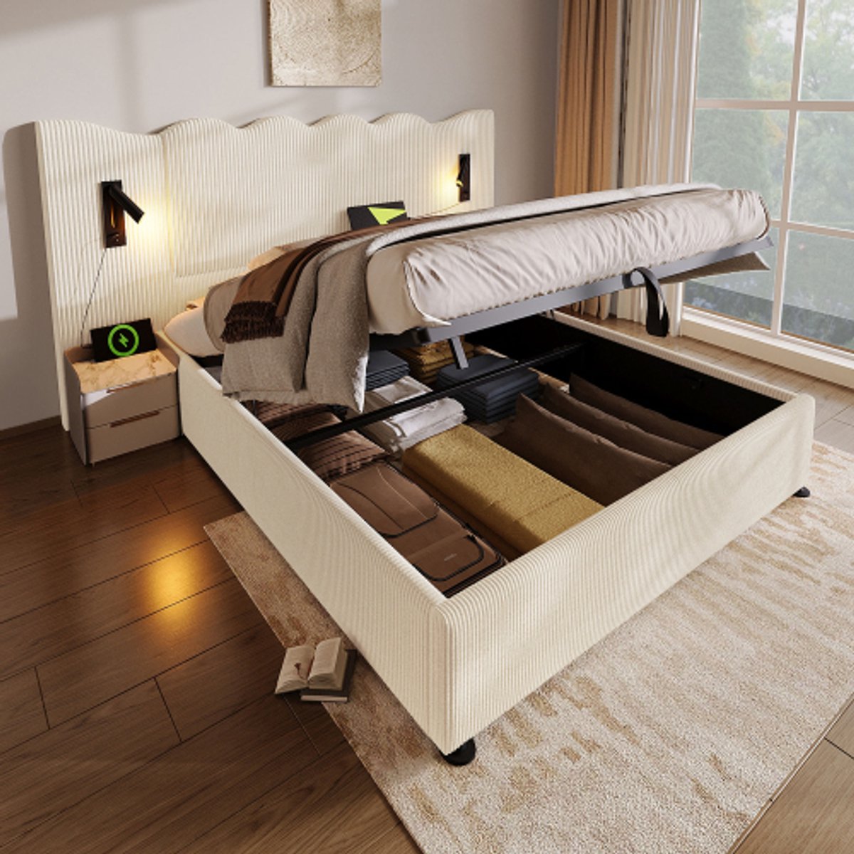 Gutent-Gestoffeerd tweepersoonsbed 180x200 cm met opbergbed-bedframe met lattenbodem-beige-wit-corduroy stof (zonder matras)