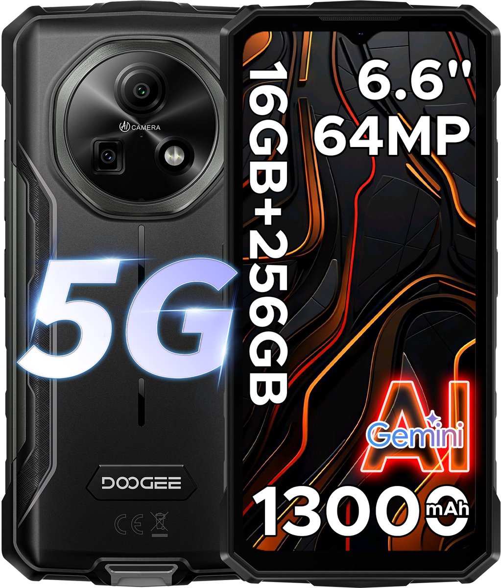 DOOGEE Fire 7 5G - Smartphone - Robuuste Smartphone - 16GB RAM + 256GB ROM/2TB TF - Android 15 - 13000mAh/18W - 6,6 inch HD+ 90Hz Scherm - IP68 Waterdicht - Dimensity 6300 - 64MP AI Camera - Gemini AI - Face ID - NFC - OTG - 3 Card Slots - Zwart
