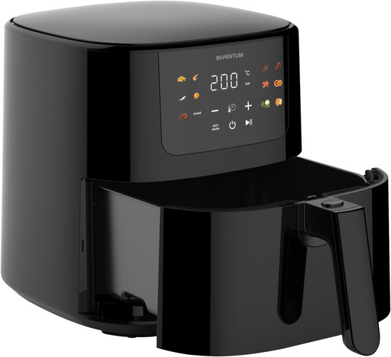 Zwarte Inventum heteluchtfriteuse met openstaande lade en digitaal display met programma's.