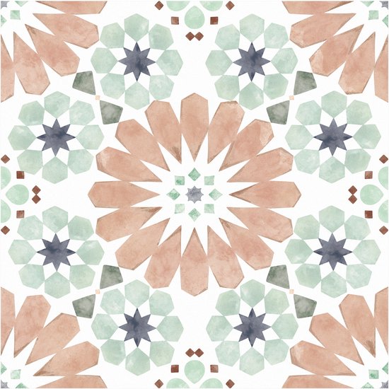 Tegel met een geometrisch patroon in zachte roze, groene en blauwe tinten.